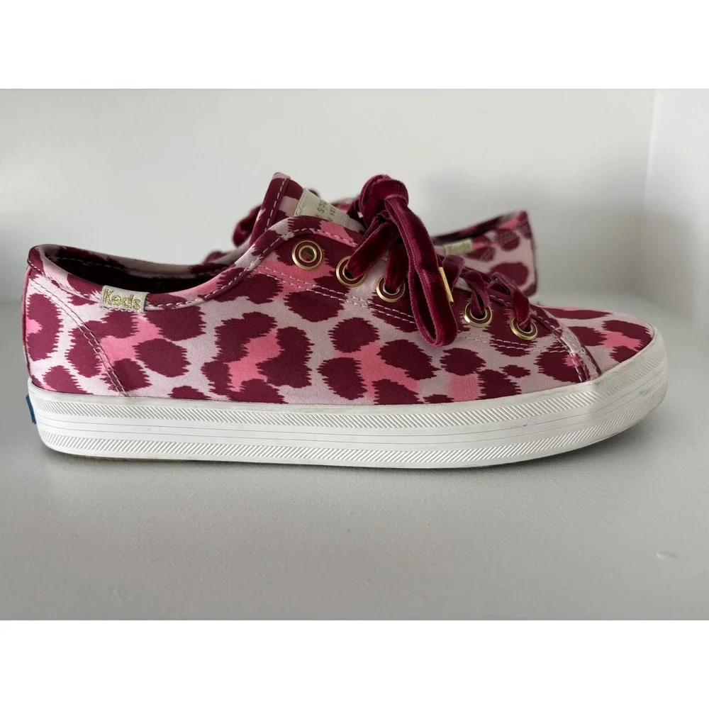 Kate Spade x Keds Triple Kick Burgundy Leopard Satin Sneakers Velvet Laces 7.5